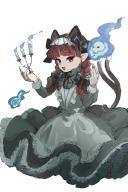 1girl :d animal_ears apron black_bow blue_fire bow braid candle candlestand cat_ears cat_girl dress earrings fire frilled_dress frills grey_dress hair_bow highres holding holding_candlestand jewelry kaenbyou_rin long_hair looking_at_viewer neck_ribbon open_mouth pointy_ears red_eyes red_hair red_ribbon ribbon simple_background sketch skull slit_pupils smile solo stud_earrings touco_to touhou twin_braids white_apron white_background // 1000x1500 // 191KB