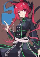 1girl :| absurdres alternate_hairstyle animal_ears arm_at_side belt black_bow black_dress bow brown_background buttons cat_ears cat_tail chain closed_mouth collared_dress commentary cowboy_shot diamond-shaped_pupils diamond_(shape) dress fingernails hair_bow hand_up highres hitodama kaenbyou_rin long_hair long_sleeves looking_at_viewer mizoreshi multiple_tails nail_polish nekomata red_eyes red_hair red_nails simple_background sleeve_cuffs solo symbol-shaped_pupils tail touhou twintails two_tails v-shaped_eyebrows // 2508x3541 // 612KB