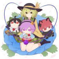 1girl bare_legs black_hat black_socks blue_flower blush_stickers bow character_doll closed_mouth commentary_request doll floral_print flower frilled_sleeves frills full_body fumo_(doll) green_bow green_eyes green_hair green_skirt hair_between_eyes hair_bow hat hat_ribbon heart heart_of_string highres holding holding_doll kaenbyou_rin kanpa_(campagne_9) komeiji_koishi komeiji_satori leaf long_sleeves looking_at_viewer petals reiuji_utsuho ribbon rose_print shirt short_hair sitting skirt smile socks solo thighs third_eye touhou wariza white_background wide_sleeves yellow_ribbon yellow_shirt // 2236x2236 // 3.5MB