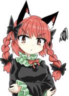 1girl angry animal_ears black_bow black_dress bow braid cat_ears chups closed_mouth cowboy_shot dress extra_ears female_focus frilled_dress frilled_sleeves frills green_frills highres kaenbyou_rin long_sleeves looking_at_viewer nail_polish red_eyes red_hair red_nails red_neckwear ribbon solo touhou twin_braids white_background // 956x1324 // 1.1MB