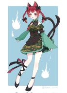 1girl adapted_costume animal_ears aoart_2240 black_bow black_footwear blue_background bow braid breasts cat_ears cat_tail corset detached_sleeves dress fang full_body green_dress hair_bow highres hitodama kaenbyou_rin leg_ribbon long_hair long_sleeves looking_at_viewer multiple_tails one-hour_drawing_challenge open_mouth red_eyes red_hair ribbon skin_fang solo tail touhou twin_braids twintails twitter_username two_tails // 1478x2048 // 216KB