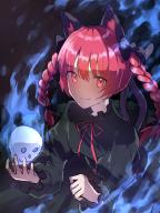 1girl animal_ear_fluff animal_ears black_background black_dress blue_eyes blue_fire braid cat_ears cat_tail chocomin1234 dress fire ghost green_dress highres hitodama holding holding_skull kaenbyou_rin long_sleeves looking_at_viewer multiple_tails puffy_long_sleeves puffy_sleeves red_eyes red_hair skull smile sparks tail touhou twin_braids two_tails // 1200x1600 // 1.3MB
