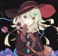 1girl :> alternate_costume bad_id bad_pixiv_id bag bandaid bandaid_on_face black_background black_hat black_jacket blue_flower blue_rose blush brown_bag brown_gloves buttons character_pin closed_mouth commentary diamond_button eyebrows_hidden_by_hair floating_hair flower fur-trimmed_jacket fur_trim gloves green_eyes green_hair hair_between_eyes hair_ornament hairclip hands_up hat hatsushiro_mamimu highres jacket kaenbyou_rin kaenbyou_rin_(cat) komeiji_koishi long_hair long_sleeves looking_at_viewer reiuji_utsuho reiuji_utsuho_(bird) rose shoulder_bag solo symbol-only_commentary third_eye touhou upper_body wide_sleeves // 1596x1557 // 2.5MB