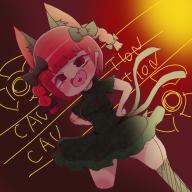 1girl :d blunt_bangs braid breasts cat_tail chibi dress fang green_dress hands_on_own_hips heart heart_in_mouth kaenbyou_rin looking_at_viewer medium_breasts multiple_tails nekomata open_mouth red_eyes red_hair skin_fang smile solo tail thighhighs thighs touhou twin_braids two_tails // 1080x1080 // 543KB