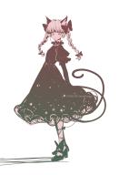 1girl : animal_ears arms_behind_back artist_name blunt_bangs bow braid cat_ears cat_tail closed_mouth commentary dated dress extra_ears footwear_bow from_side full_body gasaisanae hair_bow high_heels highres kaenbyou_rin leg_ribbon long_hair looking_at_viewer looking_to_the_side monochrome multiple_tails nekomata pointy_ears puffy_short_sleeves puffy_sleeves red_eyes ribbon short_sleeves solo standing tail touhou twin_braids two_tails // 1228x1795 // 735KB