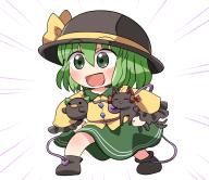 1girl :d armpit_carry bird black_bird black_cat black_hat blush brown_footwear buttons cat collared_shirt commentary_request diamond_button emphasis_lines frilled_shirt_collar frilled_sleeves frills green_eyes green_hair green_skirt hair_between_eyes hat hat_ribbon kaenbyou_rin kaenbyou_rin_(cat) komeiji_koishi long_sleeves open_mouth reiuji_utsuho reiuji_utsuho_(bird) ribbon rokugou_daisuke shirt short_hair signature simple_background skirt smile standing third_eye touhou white_background yellow_ribbon yellow_shirt // 1257x1089 // 457KB