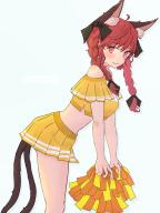 1girl ahoge alternate_costume animal_ear_fluff animal_ears blue_background blush braid cat_ears cat_girl cat_tail cheerleader closed_mouth commentary fang from_side highres kaenbyou_rin kiritanpo117 leaning_forward long_hair looking_at_viewer multiple_tails nekomata pleated_skirt pom_pom_(clothes) red_eyes red_hair side_braids simple_background skin_fang skirt solo tail tank_top touhou twin_braids two_tails white_background yellow_skirt yellow_tank_top // 1536x2048 // 248KB
