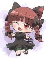 1girl :3 ;d animal_ears black_bow black_dress black_shoes blush bow braid cat_ears cat_girl cat_tail chibi chibi_only commentary_request dress fang foot_up frilled_dress frills full_body hair_bow highres juliet_sleeves kaenbyou_rin long_hair long_sleeves looking_at_viewer multiple_tails one_eye_closed open_mouth puffy_sleeves red_eyes red_hair rokugou_daisuke shoes signature smile solo standing tail touhou twin_braids two_tails // 1122x1426 // 940KB