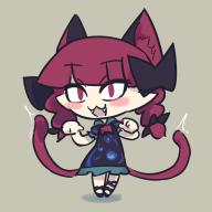 1girl animal_ears black_bow black_footwear blush bow braid cat_ears cat_girl cat_tail collared_dress dress fangs frilled_dress frills hair_bow hands_up kaenbyou_rin multiple_tails puffy_sleeves red_bow red_eyes red_hair shin16 short_sleeves simple_background tail touhou twin_braids two_tails // 889x889 // 70KB