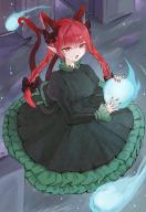 1girl :o animal_ears breasts cat_ears cat_tail commentary_request dress estelle8js fingernails frilled_dress frilled_sleeves frills green_dress highres hitodama holding juliet_sleeves kaenbyou_rin large_breasts long_fingernails long_sleeves multiple_tails nail_polish open_mouth pointy_ears puffy_sleeves red_eyes red_hair red_nails solo tail touhou // 1218x1761 // 308KB