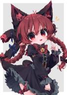 1girl :d absurdres ahoge animal_ear_fluff animal_ears arm_belt black_bow black_corset black_shirt black_skirt blush border bow bowtie braid cat_ears cat_girl center_frills colored_inner_animal_ears corset cowboy_shot frilled_skirt frills grey_background hair_bow highres index_finger_raised kaenbyou_rin leg_ribbon long_sleeves looking_at_viewer mr.turtle_head multiple_hair_bows nekomata notice_lines open_mouth pointy_ears red_bow red_bowtie red_eyes red_ribbon ribbon shirt skirt smile solo thigh_ribbon touhou twin_braids twintails white_border // 1727x2456 // 3.7MB