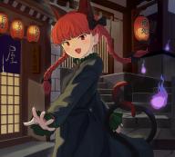 1girl :d animal_ears architecture blush cat_ears cat_tail door dress east_asian_architecture extra_ears fingernails green_dress hitodama kaenbyou_rin lantern multiple_tails niquoro open_mouth rating:general red_eyes red_hair score:2 sharp_fingernails slit_pupils smile stairs tail touhou two_tails // 1080x977 // 1.1MB