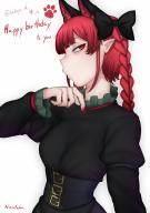 1girl breasts commentary_request hand_up happy_birthday highres kaenbyou_rin medium_breasts nicutoka profile simple_background solo touhou upper_body white_background // 1253x1770 // 178KB