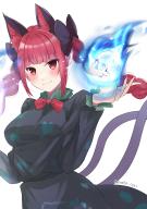 1girl absurdres animal_ears aoko_(myut7287) black_bow black_dress bow bowtie braid breasts cat_ears cat_tail closed_mouth cowboy_shot dress extra_ears hair_bow highres hitodama kaenbyou_rin large_breasts long_hair long_sleeves looking_at_viewer multiple_tails red_bow red_bowtie red_eyes red_hair side_braids sidelocks skull smile solo standing tail touhou twin_braids two_tails // 2900x4115 // 997KB