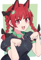 1girl absurdres animal_ears black_bow blunt_bangs bow braid breasts bright_pupils cat_ears cat_girl commentary_request extra_ears fang green_background hair_bow highres kaenbyou_rin karakasa_(krksdy) looking_at_viewer medium_hair open_mouth paw_pose red_eyes red_hair short_sleeves side_braids simple_background smile touhou twin_braids upper_body v-shaped_eyebrows white_pupils // 2862x4093 // 3.6MB