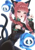 1girl :d animal_ear_fluff animal_ears ass belt black_belt blunt_bangs blush bow braid cat_ears cat_girl cat_tail cowboy_shot fang hair_bow hands_up highres hitodama kaenbyou_rin looking_ahead medium_hair multiple_tails nekomata open_mouth ramiki_(ramiki_3) red_eyes red_hair sidelocks simple_background smile solo tail tongue touhou twin_braids two_tails white_background // 1448x2048 // 301KB
