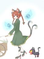 1girl :d animal_ears bow braid cat cat_ears dress from_side gen_7_pokemon green_dress gumi_(fwjn7284) hair_bow highres hitodama kaenbyou_rin leg_ribbon litten nekomata nintendo open_mouth pokemon red_eyes red_hair ribbon smile touhou twin_braids wheelbarrow // 1536x2048 // 272KB