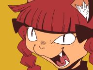 <|>_<|> 1girl :3 animal_ear_fluff animal_ears black_bow black_eyes blunt_bangs bow braid cat_ears cat_girl commentary_request fang hair_bow kaenbyou_rin looking_afar onikobe_rin open_mouth portrait red_hair simple_background solo touhou twin_braids yellow_background // 800x600 // 114KB