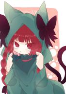 1girl :t animal_ears bow braid cat_ears coat dress eyes_visible_through_hair green_dress hands_up highres hood hood_up kaenbyou_rin looking_at_viewer multiple_tails nekomata one-hour_drawing_challenge pout red_eyes red_hair roamu_65 solo tail tearing_up touhou twin_braids two_tails // 900x1268 // 112KB