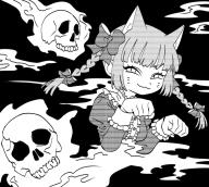 1girl :3 animal_ears bad_id bad_twitter_id blunt_bangs bow braid buttons cat_ears closed_mouth dress eyebrows_hidden_by_hair facial_mark greyscale hair_bow hands_up hitodama kaenbyou_rin long_sleeves looking_at_viewer monochrome paw_pose safe3133 skull sleeve_cuffs slit_pupils solo touhou twin_braids upper_body whisker_markings // 900x810 // 132KB