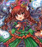 1girl :d \|| adapted_costume animal_ear_fluff animal_ears braid cat_ears dress fang frills green_dress hair_between_eyes halloween happy hitodama kaenbyou_rin looking_at_viewer open_mouth red_eyes red_hair rui_(sugar3) sample_watermark skin_fang skull smile solo touhou twin_braids watermark // 714x800 // 925KB