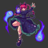 1girl :d animal_ears black_background black_bow black_dress black_footwear bow braid cat_ears cat_tail dress frilled_dress frills full_body hair_bow high_heels hitodama kaenbyou_rin leg_ribbon long_hair long_sleeves looking_at_viewer lowres multiple_tails nekomata open_mouth pixel_art potemki11 red_eyes red_hair ribbon simple_background skull smile solo standing standing_on_one_leg tail touhou twin_braids two_tails // 478x478 // 27KB