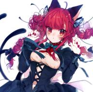 1girl :< animal_ears black_bow black_ribbon blunt_bangs bow braid breasts cat_ears cat_tail corset daimaou_ruaeru dress female_focus hair_bow hair_ornament highres kaenbyou_rin long_hair long_sleeves looking_at_viewer medium_breasts multiple_tails nail_polish puffy_long_sleeves puffy_sleeves red_eyes red_hair red_nails ribbon solo tail touhou two_tails upper_body white_background // 2400x2379 // 3.3MB