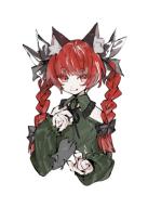 1girl :q adapted_costume animal animal_ears bare_shoulders bow braid cat_ears cropped_torso dress green_dress hair_bow holding holding_animal kaenbyou_rin looking_at_viewer mouse_(animal) red_eyes red_hair simple_background solo tongue tongue_out touhou twin_braids upper_body user_rmkk4572 white_background // 730x1023 // 86KB