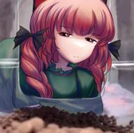 1girl black_bow bow braid closed_mouth commentary dress food green_dress hair_bow highres kaenbyou_rin looking_at_viewer mr._fresh red_eyes red_hair side_braids solo there2007 touhou twin_braids // 2048x2032 // 292KB