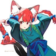 1girl animal_ear_fluff animal_ears blue_bow blue_dress bow braid cat_ears cat_girl cat_tail commentary dress frilled_dress frills hair_bow kaenbyou_rin looking_at_viewer mixed-language_commentary multiple_tails red_eyes red_hair simple_background solo tail tongue tongue_out touhou twin_braids twitter_username white_background yugiri_(yugiri_picture) // 1152x1148 // 1001KB