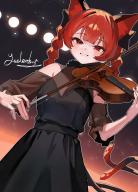 1girl absurdres animal_ear_fluff animal_ears artist_name bare_shoulders black_bow black_dress black_sleeves blunt_bangs blush bow braid cat_ears cat_tail commentary_request cowboy_shot detached_sleeves dress grin hair_bow highres instrument kaenbyou_rin long_hair looking_at_viewer multiple_tails music outline playing_instrument qwas69 red_eyes red_hair sleeveless sleeveless_dress smile solo tail touhou twin_braids two_tails violin white_outline // 2502x3472 // 20MB