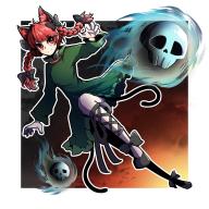 1girl ahoge animal_ears black_bow black_footwear blunt_bangs border bow braid cat_ears cat_tail closed_mouth dress footwear_bow full_body green_dress hair_bow highres hitodama hurin_raika kaenbyou_rin leg_ribbon long_sleeves medium_hair multiple_tails nekomata one-hour_drawing_challenge outline red_eyes red_hair ribbon skull smile tail touhou twin_braids two_tails white_border white_outline // 2000x2000 // 427KB