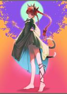 1girl animal_ears bare_legs barefoot black_neckwear black_ribbon braid cat_ears cat_tail closed_mouth clothes_lift dress dress_lift extra_ears eyelashes frogsnake full_body gradient_background green_dress highres kaenbyou_rin leg_ribbon lifting_own_clothes long_dress long_hair long_sleeves moon multiple_tails nail_polish nekomata orange_background pink_background purple_background red_eyes red_hair ribbon skirt_hold smile standing subterranean_animism tail toenail_polish toenails touhou twin_braids two_tails wide_sleeves // 1683x2334 // 323KB
