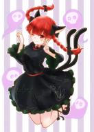 1girl animal_ears black_bow black_shoes bow braid cat_ears cat_girl cat_tail dress extra_ears floating_skull green_dress hair_bow highres kaenbyou_rin multiple_tails one_eye_closed red_eyes red_hair shoes solo striped_background tail touhou twin_braids twintails two_tails umino_(anesthesia) v // 907x1268 // 847KB