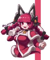 1girl :d absurdres animal_ears bell black_bow black_choker blunt_bangs blush bow braid breasts capelet cat_ears choker cleavage_cutout clothing_cutout commentary_request cropped_legs extra_ears fang fur-trimmed_capelet fur-trimmed_shirt fur-trimmed_sleeves fur_trim hair_between_eyes hair_bow happy highres jingle_bell kaenbyou_rin long_hair long_sleeves medium_breasts neck_bell open_mouth pointy_ears red_eyes red_hair red_shirt red_skirt sack santa_costume shirt skirt smile solo touhou twin_braids u_u488 // 3465x4096 // 726KB