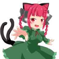 1girl animal_ears braid cat_ears cat_tail dress fang foreshortening green_dress highres himenomikan kaenbyou_rin multiple_tails nekomata open_mouth outstretched_hand red_eyes red_hair solo tail touhou two_tails // 1200x1200 // 492KB