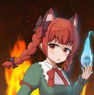 1048334293 1girl absurdres animal_ear_fluff animal_ears black_background blunt_bangs bow bowtie cat_ears commentary extra_ears fire highres hitodama kaenbyou_rin long_sleeves looking_at_viewer open_mouth red_bow red_bowtie red_eyes red_hair simple_background solo touhou upper_body // 2480x2496 // 4.1MB
