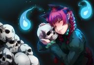 1girl animal_ears arms_up black_background blondy_(ldlong) blunt_bangs braid cat_ears cat_tail closed_eyes commentary dress extra_ears green_dress hair_ribbon head_tilt highres hitodama holding holding_skull juliet_sleeves kaenbyou_rin long_sleeves multiple_tails pile_of_skulls pointy_ears puffy_sleeves red_hair ribbon short_hair skull smile solo standing tail touhou twin_braids upper_body // 2549x1753 // 3.1MB