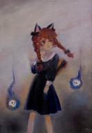 1girl absurdres alternate_costume animal_ears backpack bag black_bow blue_dress blunt_bangs bow braid breasts cat_ears dress floating_skull grey_background hair_bow hair_ribbon hand_up highres hitodama kaenbyou_rin long_hair looking_to_the_side no_tail painterly petite red_eyes red_hair ribbon simple_background small_breasts solo svveetberry touhou tress_ribbon twin_braids very_long_hair // 2590x3715 // 16MB