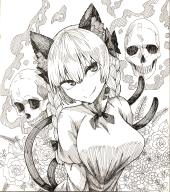 1girl animal_ears bow braid breasts cat_ears cat_tail closed_mouth commentary_request dress extra_ears fang fang_out fire flaming_skull floating_skull flower frilled_dress frills graphite_(medium) greyscale hair_between_eyes hair_bow hatching_(texture) highres juliet_sleeves kaenbyou_rin ke-su large_breasts long_hair long_sleeves looking_at_viewer monochrome multiple_tails puffy_sleeves shikishi skull smile solo split_mouth tail touhou traditional_media twin_braids upper_body // 1464x1652 // 2.3MB