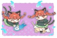 1girl :3 :d animal_ears blush bow braid cat_ears cat_tail chibi dress extra_ears fang floral_print footwear_bow green_dress hitodama holding holding_skull kaenbyou_rin leg_ribbon open_mouth pink_background polka_dot polka_dot_background purple_background red_eyes red_hair ribbon ririyu_zz simple_background skull smile tail touhou twin_braids wheelbarrow // 1200x822 // 143KB