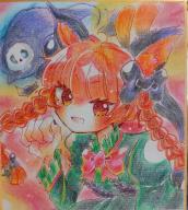 1girl :d animal_ears artist_request blunt_bangs bow braid cat_ears cat_tail dress extra_ears fang green_dress hand_up highres juliet_sleeves kaenbyou_rin long_sleeves looking_at_viewer multiple_tails open_mouth paw_pose puffy_sleeves red_hair shikishi skin_fang skull smile tail touhou traditional_media twin_braids v-shaped_eyebrows // 1078x1200 // 156KB