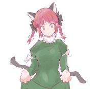 1girl animal_ears bow braid cat_ears cat_tail dress extra_ears green_dress highres holding kaenbyou_rin long_sleeves looking_down multiple_tails nekomata o0gintoki0o red_hair simple_background skirt skirt_hold smile solo tail touhou twin_braids white_background // 1580x1447 // 243KB