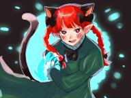 1girl animal_ears black_bow bow braid cat_ears cat_tail dress extra_ears fang green_dress hair_bow highres kaenbyou_rin kashiwara_mana long_sleeves multiple_tails nekomata pointy_ears red_eyes red_hair smile solo tail touhou twin_braids two_tails // 2000x1500 // 311KB