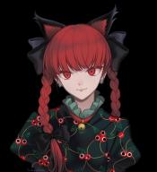 1girl animal_ear_fluff animal_ears bell black_bow blunt_bangs bow braid cat_ears closed_mouth commentary dress ear_piercing extra_ears floral_print green_dress hair_bow highres jingle_bell kaenbyou_rin lips long_hair looking_at_viewer neck_bell piercing red_eyes red_hair slit_pupils solo toshio touhou twin_braids upper_body // 1500x1644 // 998KB