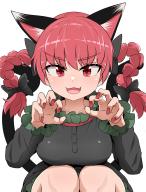 1girl :3 :d animal_ear_fluff animal_ears black_bow bow breasts cat_ears cat_tail chups claw_pose collarbone commentary extra_ears fangs floating_hair frills hair_bow hair_ribbon hands_up highres kaenbyou_rin knees large_breasts legs_together light_blush long_hair long_sleeves multiple_tails nail_polish nekomata open_mouth red_eyes red_hair red_nails ribbon simple_background sitting smile solo straight-on tail touhou tress_ribbon tsurime two_tails upper_body v-shaped_eyebrows white_background // 1398x1834 // 1.1MB