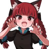 1girl :d aki_inu animal_ear_fluff animal_ears black_bow black_dress blush bow braid cat_ears claw_pose dress extra_ears fang hair_bow kaenbyou_rin long_hair looking_at_viewer open_mouth red_eyes red_hair red_nails short_sleeves simple_background skin_fang slit_pupils smile solo touhou twin_braids upper_body white_background // 900x900 // 433KB