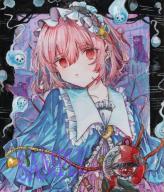 1girl artificial_eye black_gloves blue_shirt closed_mouth commentary_request expressionless frilled_hairband frilled_shirt frills ghost gloves hairband heart highres hitodama kaenbyou_rin kaenbyou_rin_(cat) komeiji_satori looking_at_viewer mechanical_eye medium_hair monji_(monzi328) pink_hair pink_skirt red_eyes reiuji_utsuho reiuji_utsuho_(bird) sample_watermark shirt skirt solo third_eye touhou traditional_media upper_body watermark // 1756x2048 // 622KB