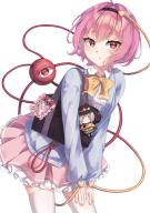 1girl :< absurdres adapted_costume ahoge bag black_bag black_hairband blue_cardigan bow bowtie breasts buttons cardigan character_charm charm_(object) closed_mouth collared_shirt commentary cowboy_shot frilled_skirt frills fumo_(doll) hair_ornament hairband hands_on_own_thighs heart heart_button heart_hair_ornament highres kaenbyou_rin kaenbyou_rin_(cat) komeiji_koishi komeiji_satori korotrishia leaning_forward long_sleeves pink_hair pleated_skirt red_eyes school_bag school_uniform shirt short_hair simple_background skindentation skirt small_breasts solo thighhighs third_eye touhou white_background white_shirt white_thighhighs wing_collar yellow_bow yellow_bowtie // 2894x4093 // 9.9MB