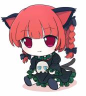 1girl animal_ears azuma_meri black_bow black_dress blunt_bangs bow braid cat_ears cat_girl cat_tail closed_mouth commentary_request dress fang fang_out frilled_dress frilled_sleeves frills full_body fumo_(doll) hair_bow kaenbyou_rin long_sleeves multiple_hair_bows multiple_tails red_eyes red_hair side_braids simple_background sitting smile solo tail touhou twin_braids two_tails white_background // 1052x1173 // 615KB